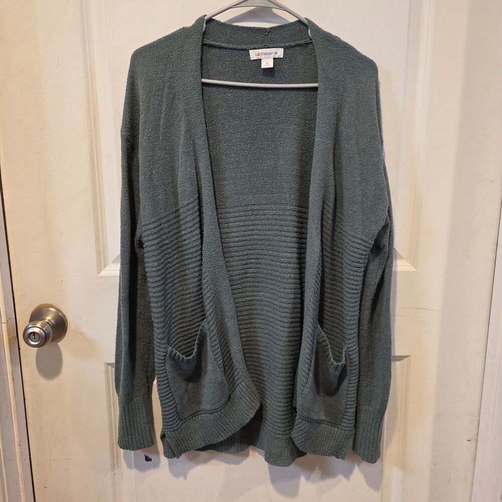 Liz Claiborne Sage Green Open Front Ribbed Cardigan Sweater Women's Medium Cozy